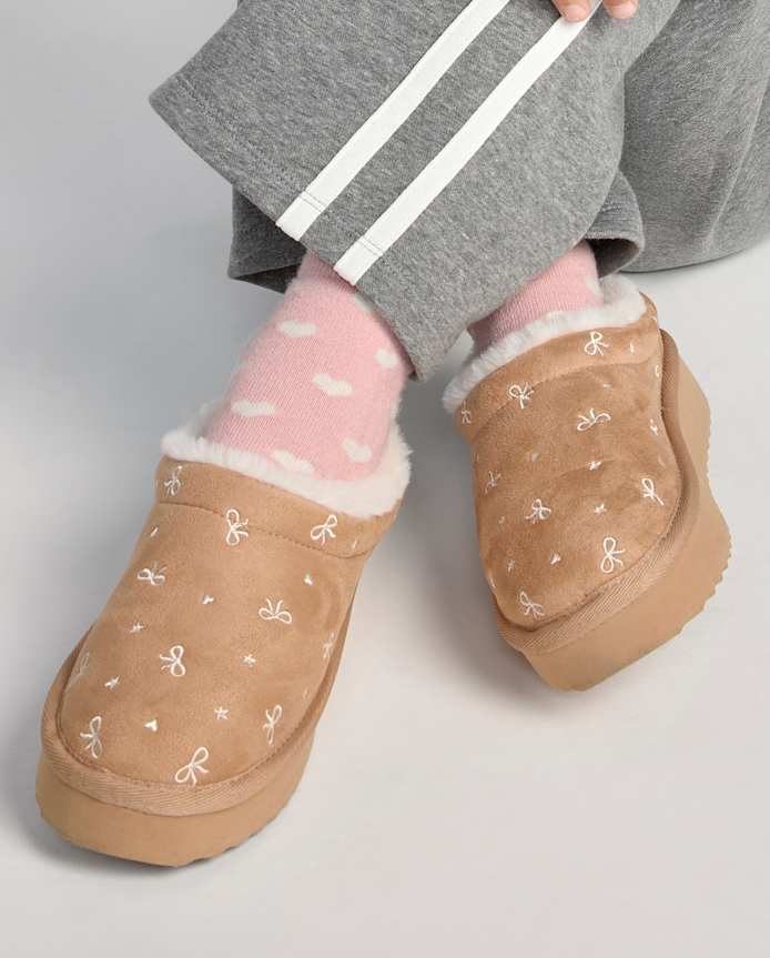 Girls Embroidered Bow Teddy Slip Ons