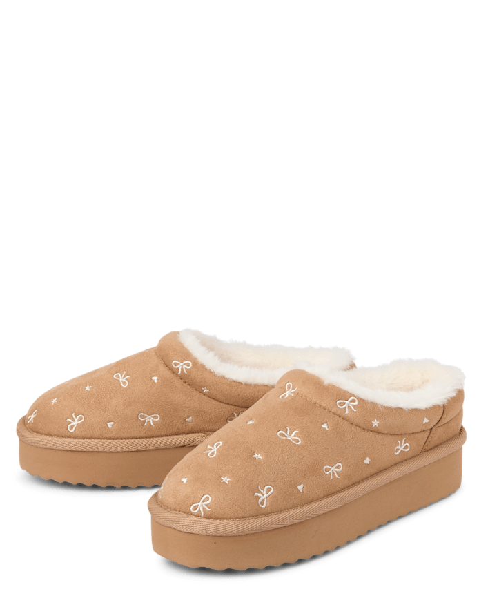 Girls Embroidered Bow Teddy Slip Ons