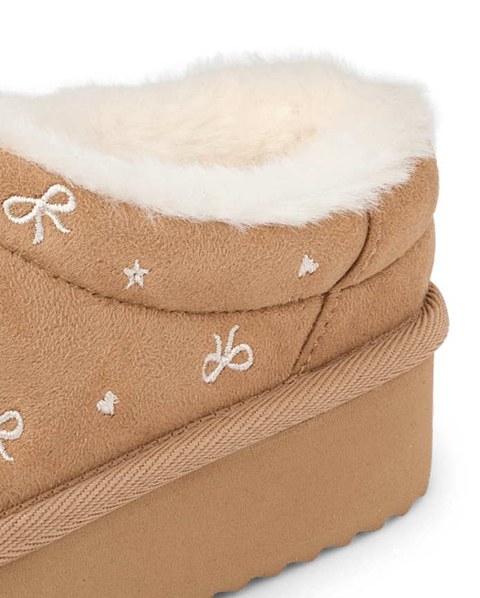 Girls Embroidered Bow Teddy Slip Ons