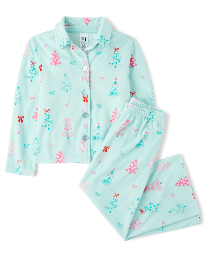 Girls Mommy And Me Christmas Tree Velour Button Front Pajamas
