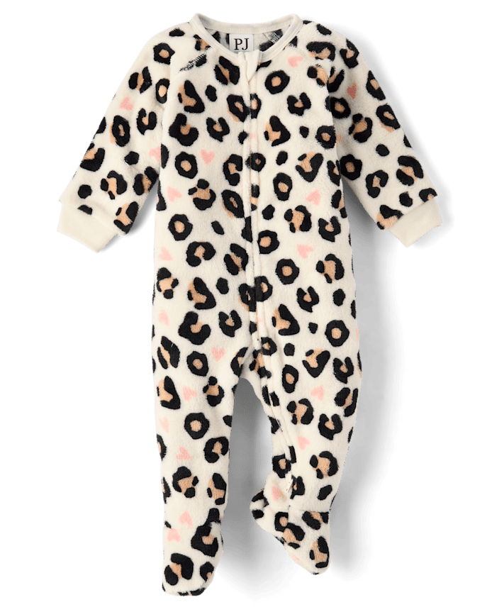 Baby And Toddler Girls Leopard Heart Footed One Piece Pajamas - Cozy Fleece