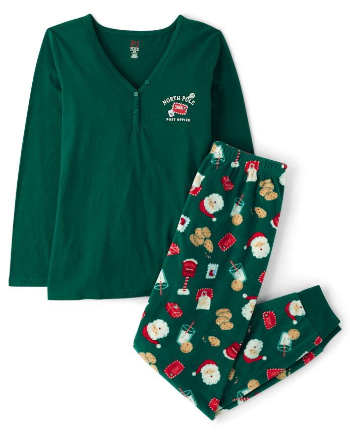 Womens Matching Family Santa Letter Cotton And Dream Fleece Henley Pajamas