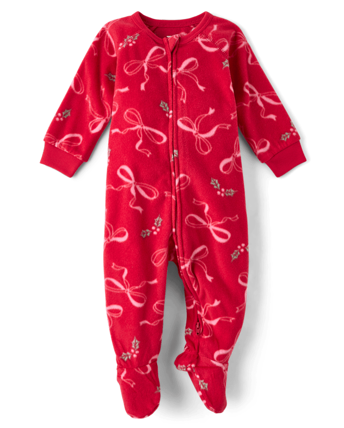 Baby And Toddler Girls Mommy Me Christmas Bows Dream Fleece Footed One Piece Pajamas