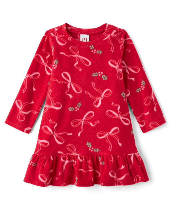 Baby And Toddler Girls Mommy Me Christmas Bows Dream Fleece Ruffle Nightgown