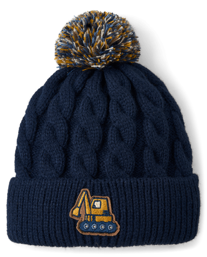 Toddler Boys Embroidered Construction Vehicle Pom Beanie