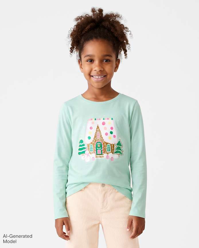Girls Christmas Gingerbread House Graphic Tee