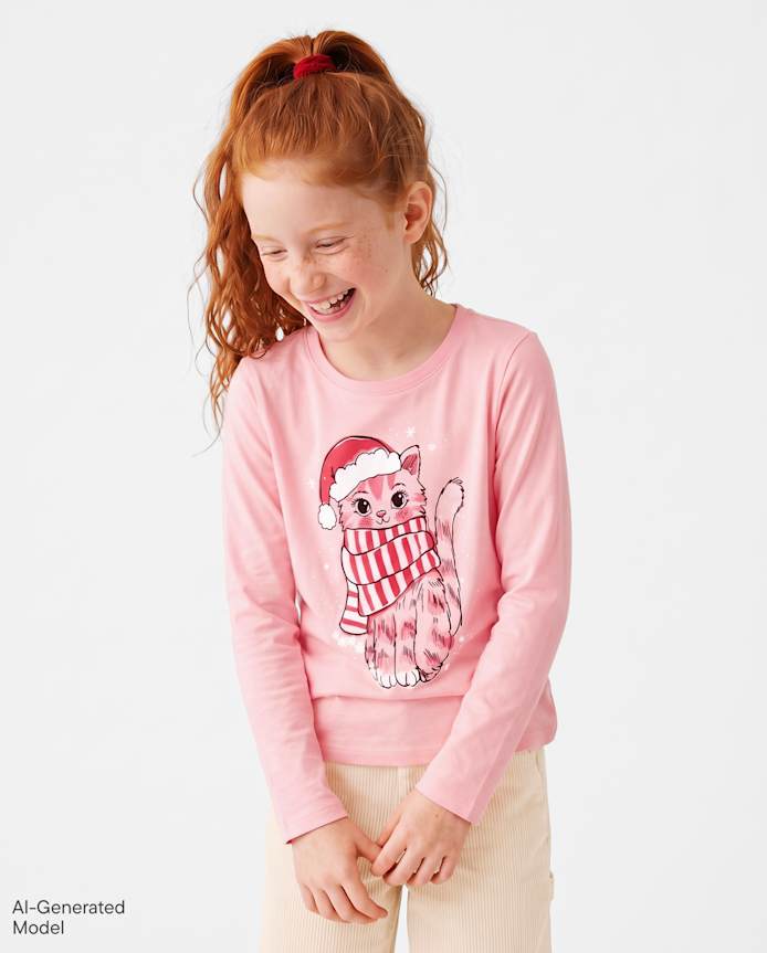 Girls Christmas Cat Graphic Tee