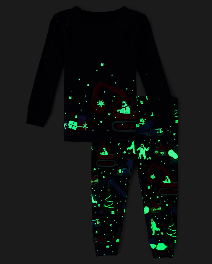Baby And Toddler Boys Glow Christmas Construction Vehicle Snug Fit Cotton Pajamas