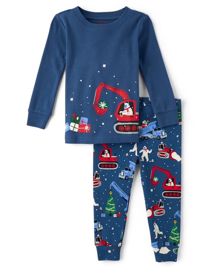 Baby And Toddler Boys Glow Christmas Construction Vehicle Snug Fit Cotton Pajamas