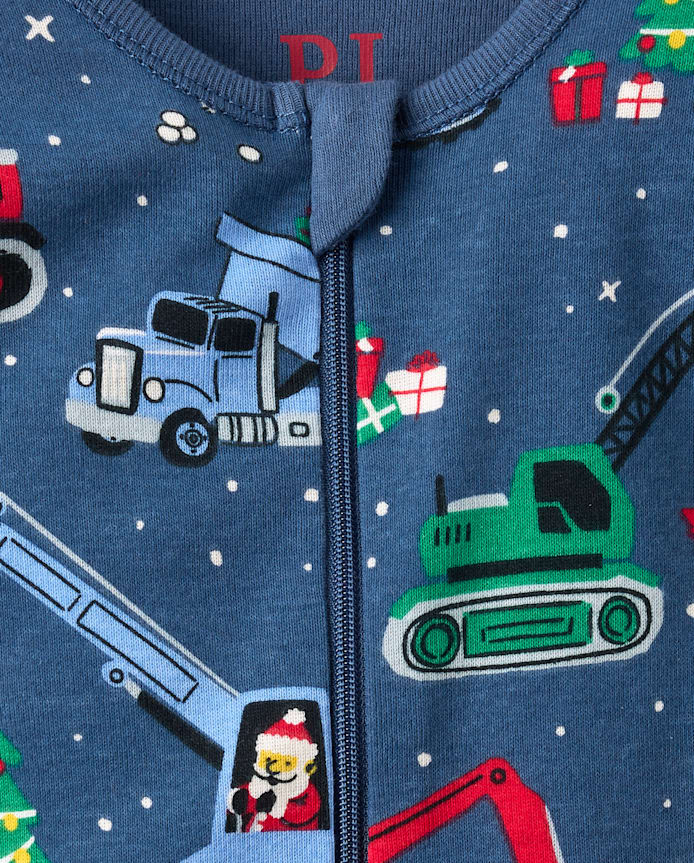 Baby And Toddler Boys Christmas Construction Vehicle Snug Fit Cotton Footed One Piece Pajamas
