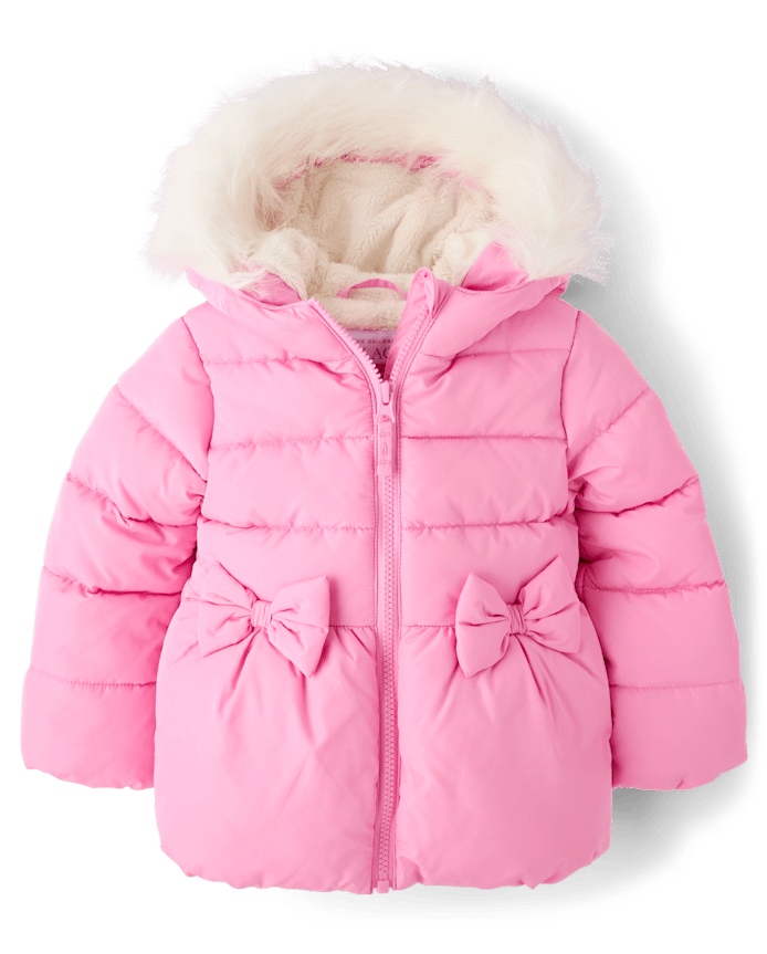 Toddler Girls Bow Faux Fur Lined Bubble Puffer Jacket