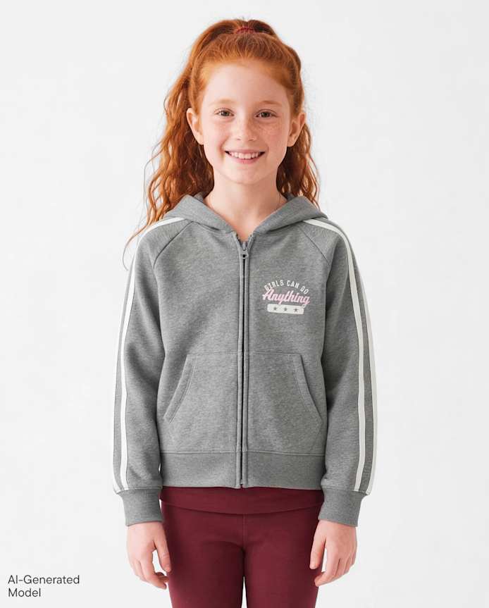 Girls Graphic Side Stripe Premium Fleece Zip Up Hoodie