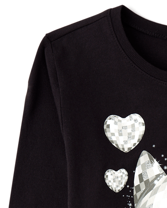 Girls Glitter Disco Ball Cat Graphic Tee