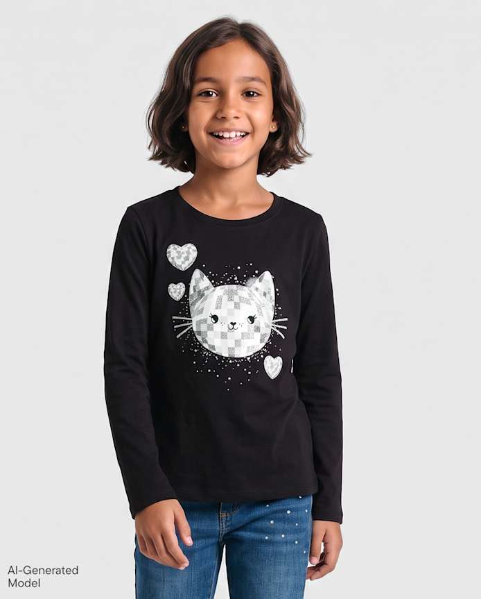 Girls Glitter Disco Ball Cat Graphic Tee