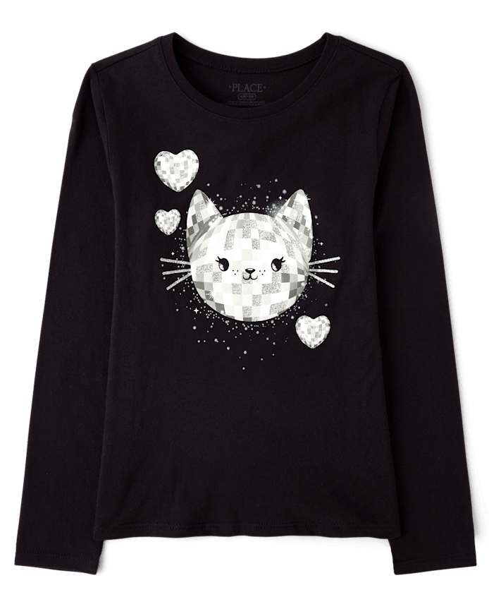 Girls Glitter Disco Ball Cat Graphic Tee
