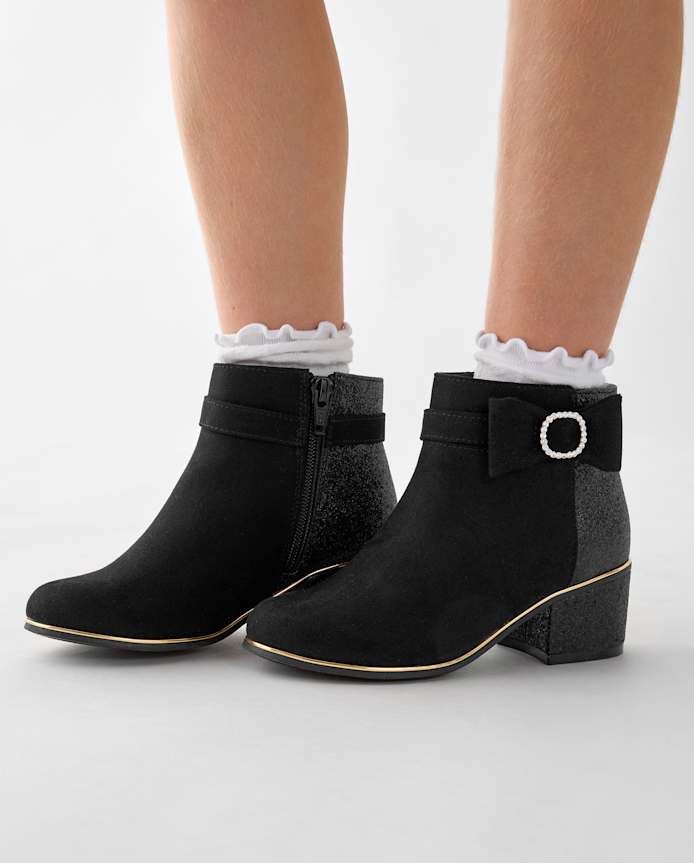 Girls Glitter Bow Low Heel Booties