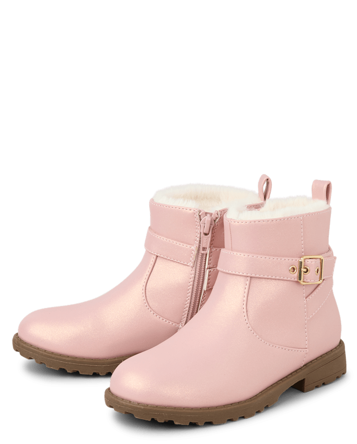 Girls Shimmer Buckle Faux Fur Lined Boots