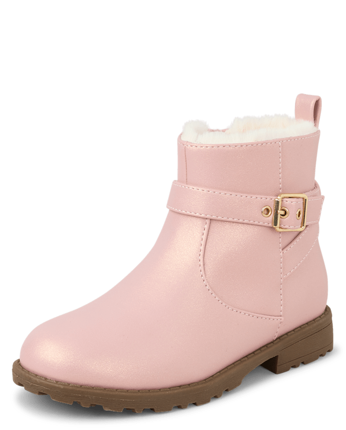 Girls Shimmer Buckle Faux Fur Lined Boots
