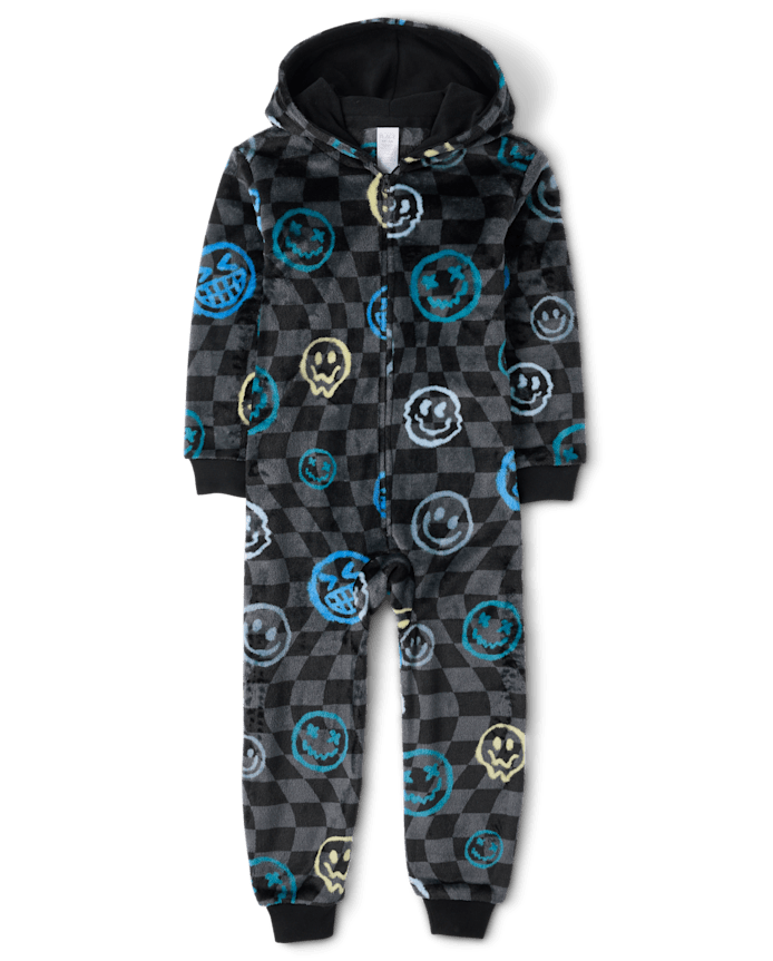 Boys Checkered Happy Face One Piece Pajamas - Cozy Fleece