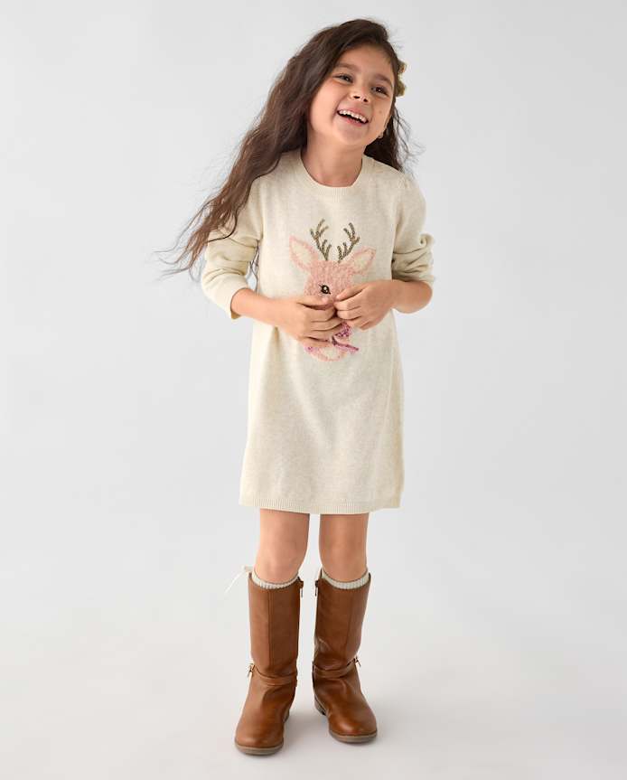 Baby And Toddler Girls Embellished Reindeer Sweater Dress
