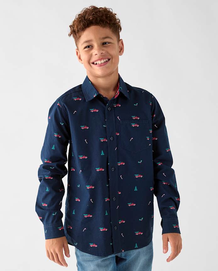 Boys Christmas Poplin Button Up Shirt