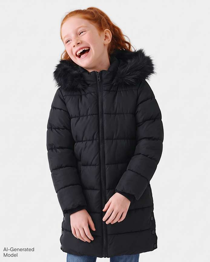 Girls Microfleece Lined Hooded Long Puffer Jacket