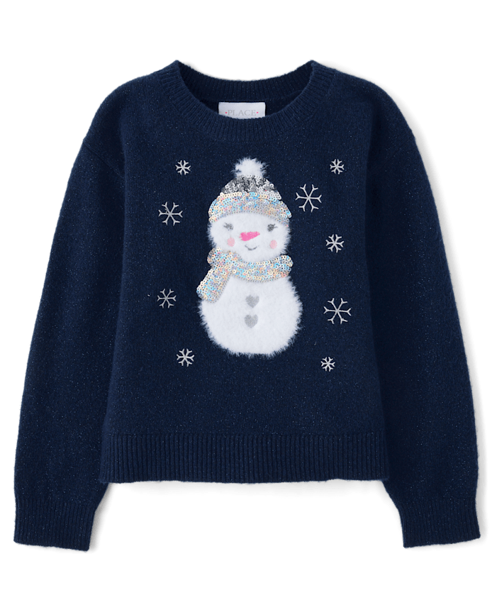 Girls Eyelash Sequin Snowman Sweater