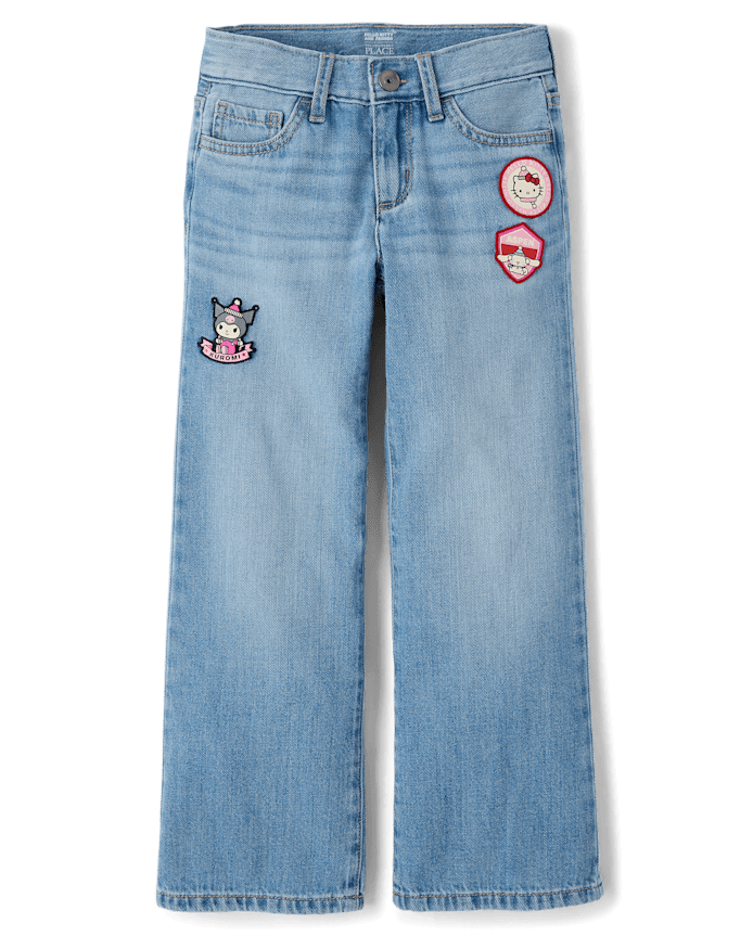 Girls Hello Kitty® And Friends Embroidered Patch Wide Leg Jeans