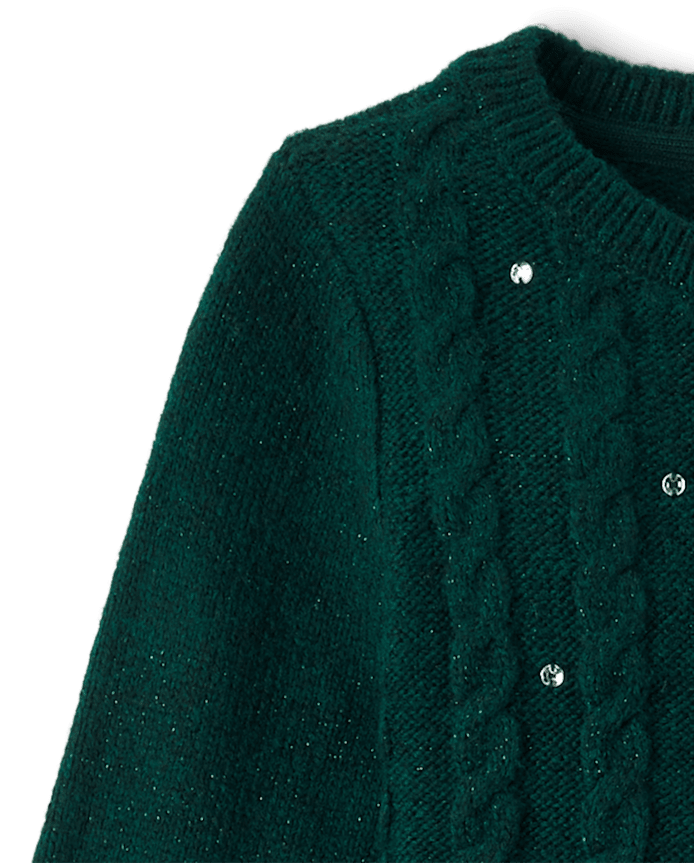 Girls Rhinestone Cable Knit Sweater Dress
