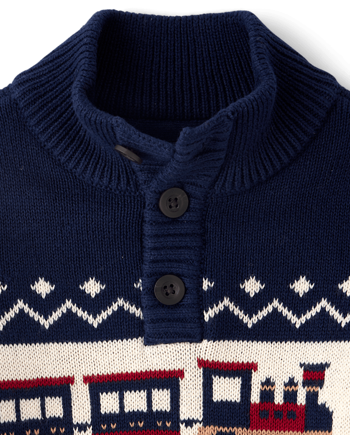 Toddler Boys Christmas Train Fairisle Mock Neck Sweater