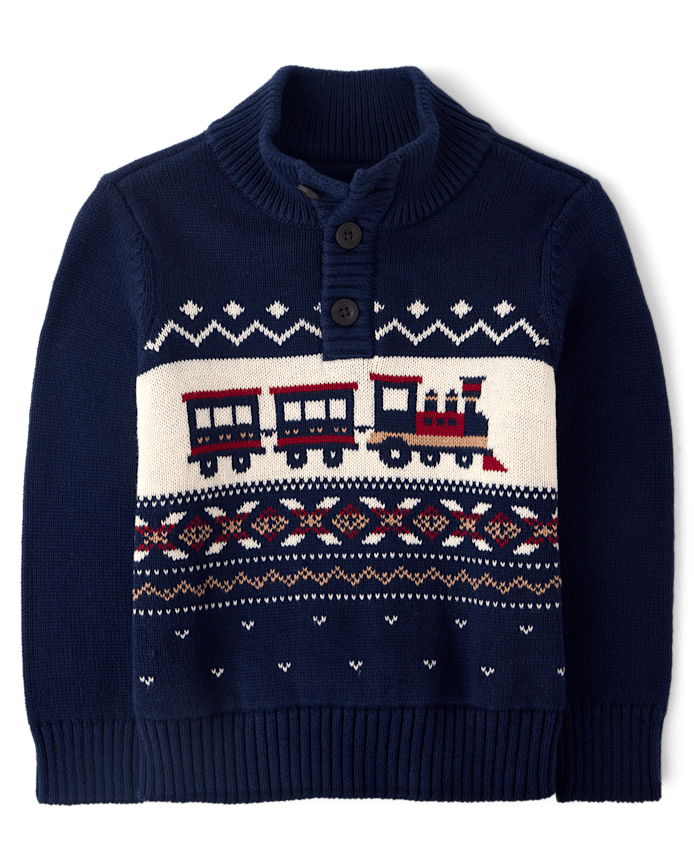 Toddler Boys Christmas Train Fairisle Mock Neck Sweater