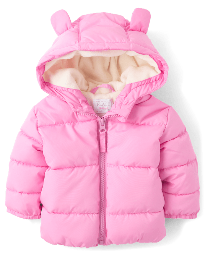 Baby Girls Bear Microfleece Lined Hooded Puffer Jacket