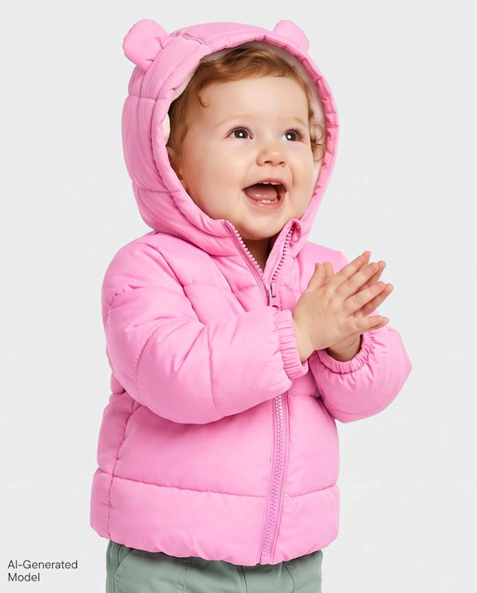 Baby Girls Bear Microfleece Lined Hooded Puffer Jacket