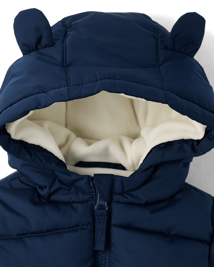 Baby Boys Bear Microfleece Lined Hooded Puffer Jacket