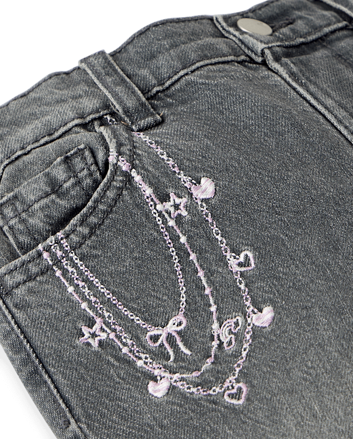Toddler Girls Embroidered Chain Wide Leg Jeans