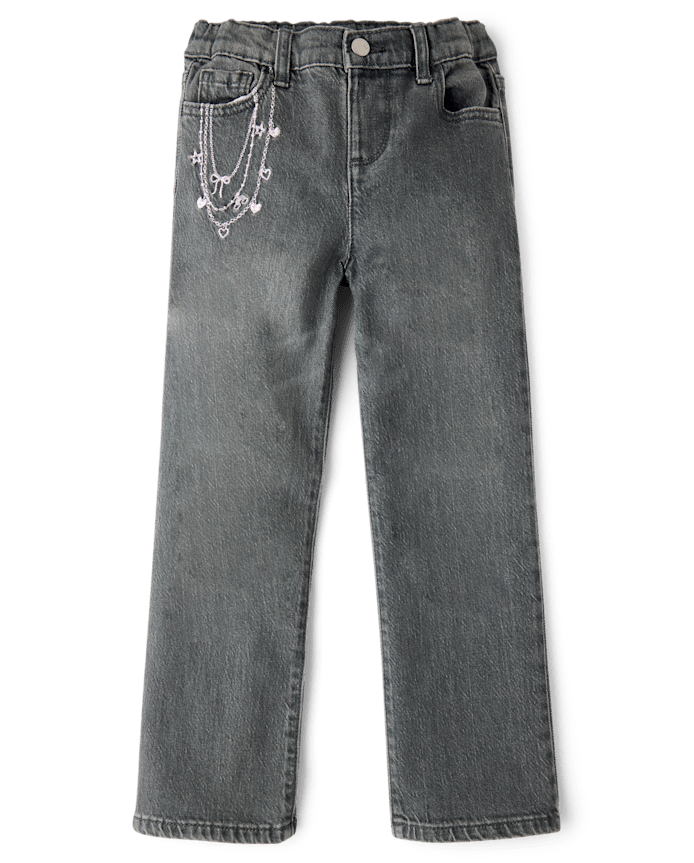 Toddler Girls Embroidered Chain Wide Leg Jeans