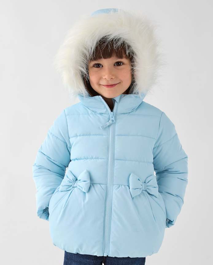 Toddler Girls Bow Faux Fur Lined Bubble Puffer Jacket