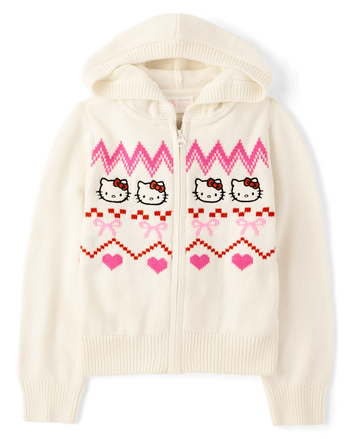 Girls Hello Kitty® Embroidered Fairisle Zip Up Sweater Hoodie
