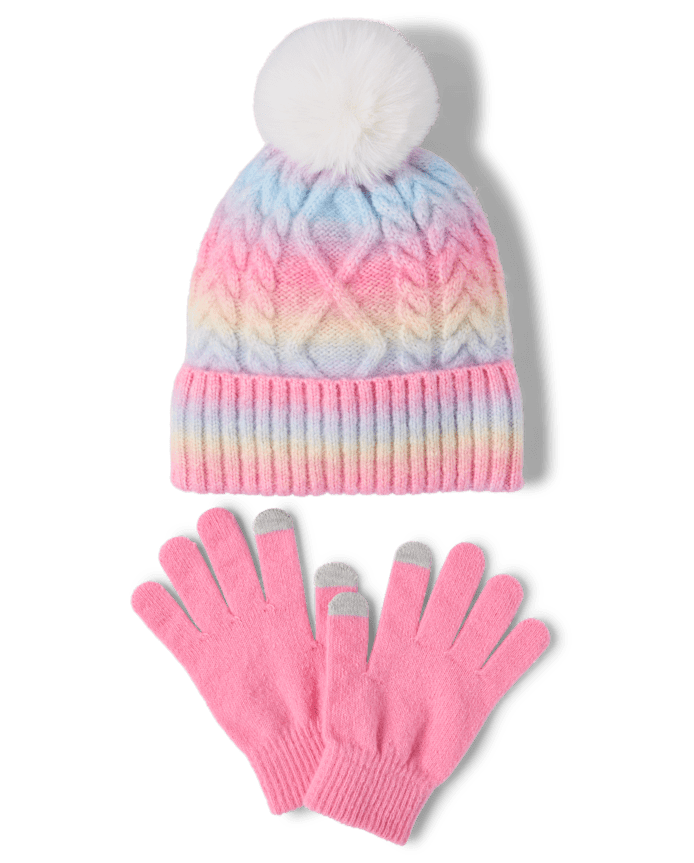 Girls Rainbow Cable Knit 2-Piece Cold Weather Set