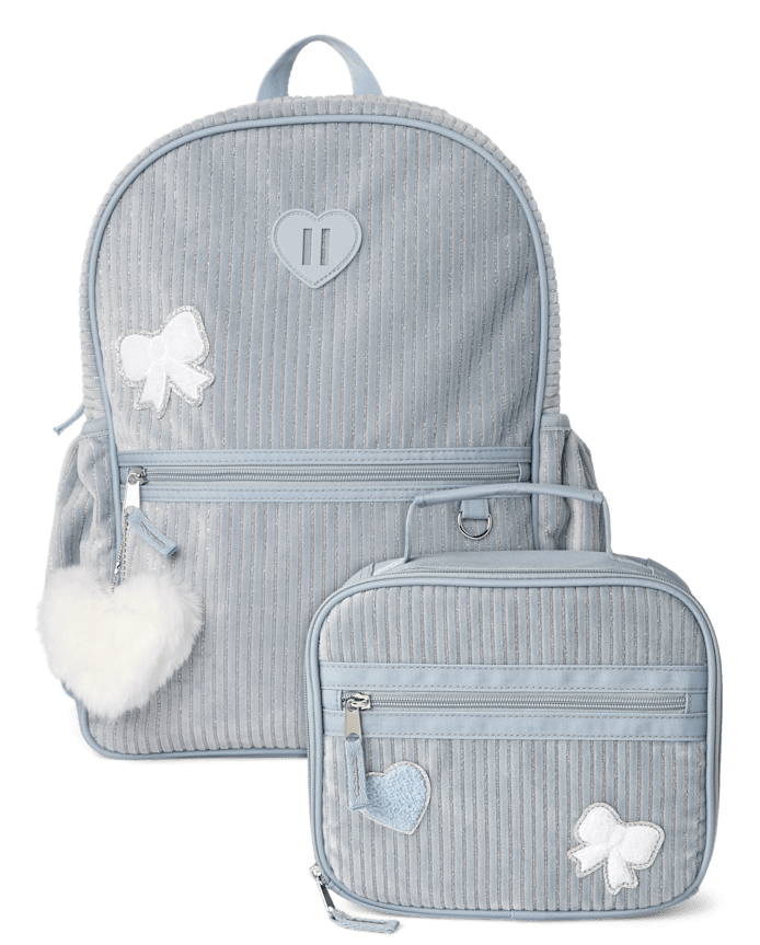 Girls Embroidered Heart Corduroy Backpack 2-Piece Set