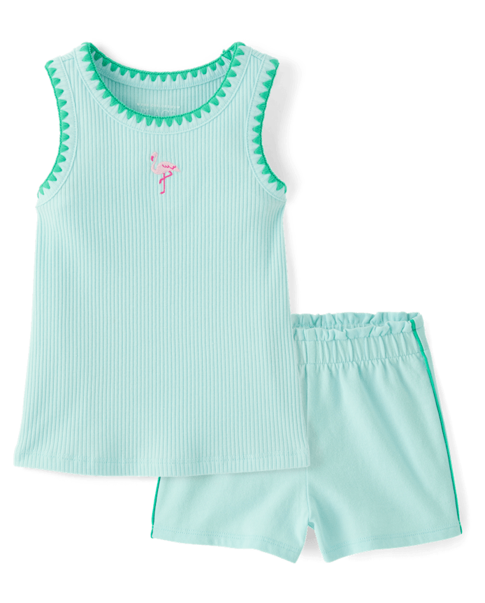 Baby And Toddler Girls Embroidered Flamingo 2-Piece Outfit Set
