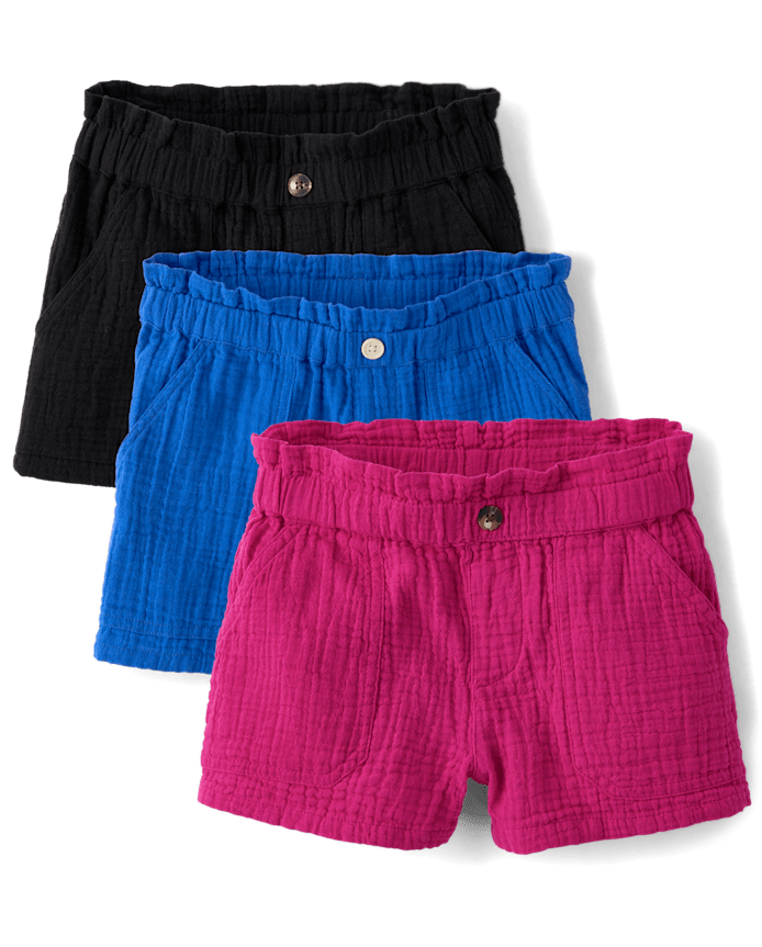 Girls Gauze Paperbag Waist Shortie Shorts 3-Pack