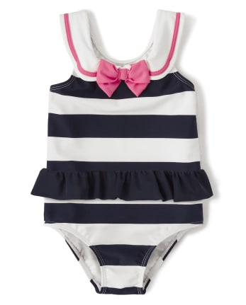 Girls Striped One Piece Swimsuit - Playful Poppies