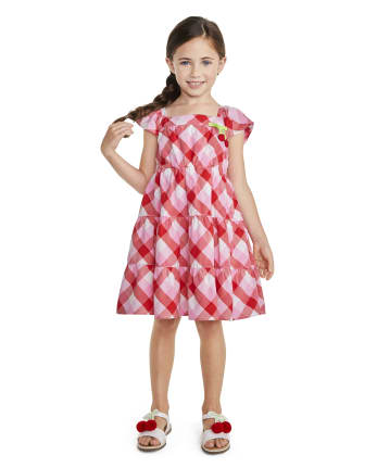 Girls Gingham Tiered Dress - Very Cherry