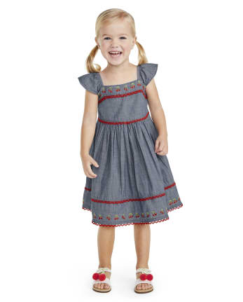 Girls Embroidered Chambray Dress - Very Cherry
