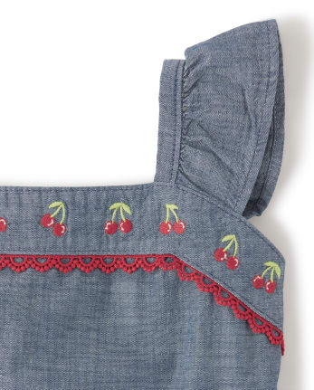 Girls Embroidered Chambray Dress - Very Cherry