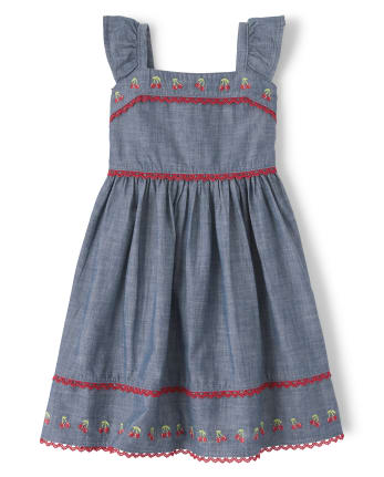 Girls Embroidered Chambray Dress - Very Cherry