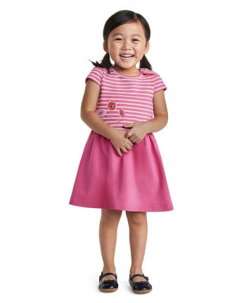 Girls Embroidered Striped Dress - Playful Poppies