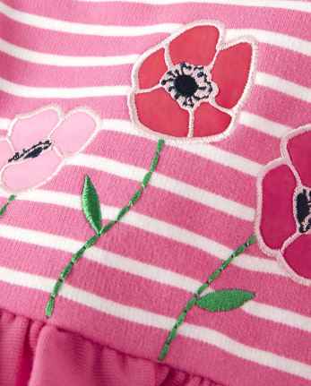 Girls Embroidered Striped Dress - Playful Poppies