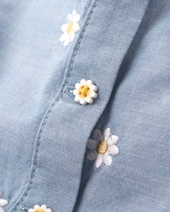 Girls Short Flutter Sleeve Embroidered Daisy Chambray Shift Dress ...